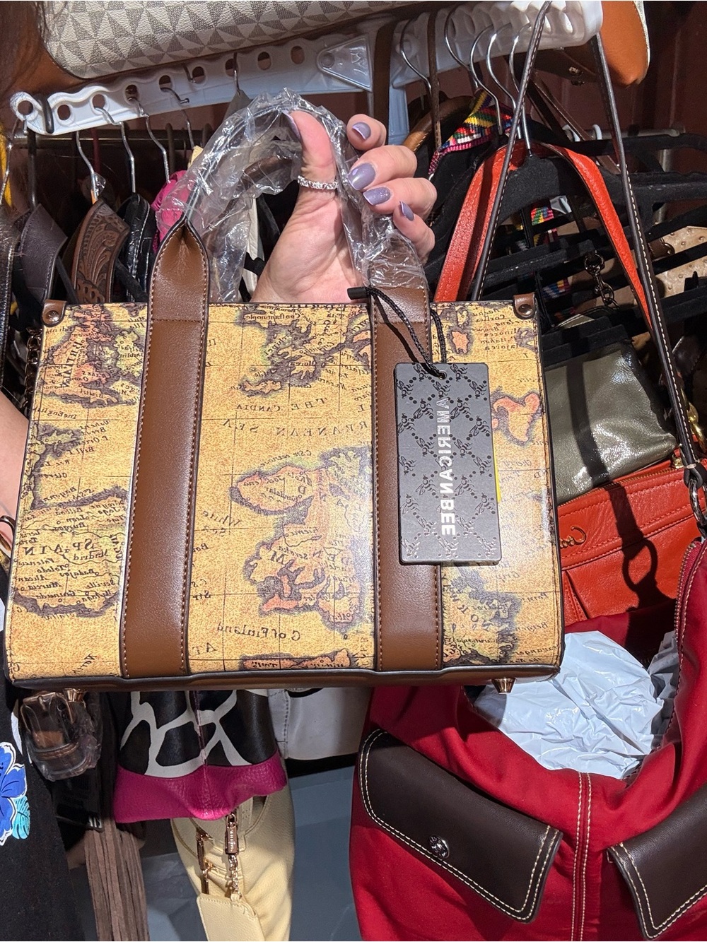 Vintage Map Print Brown Leather-Trim Shoulder Bag by